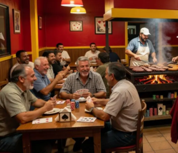 Ambiente de parrilla argentina con mesas de póker social en Buenos Aires