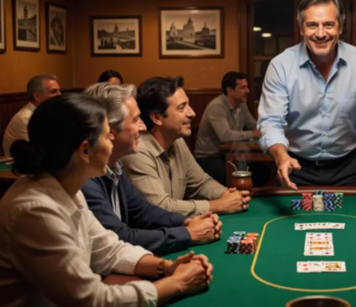 Anfitrión explicando las reglas del póker social a un grupo en el restaurante