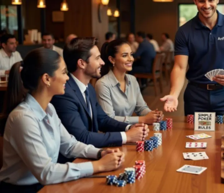 Anfitrión guiando una mesa de póker en un evento corporativo