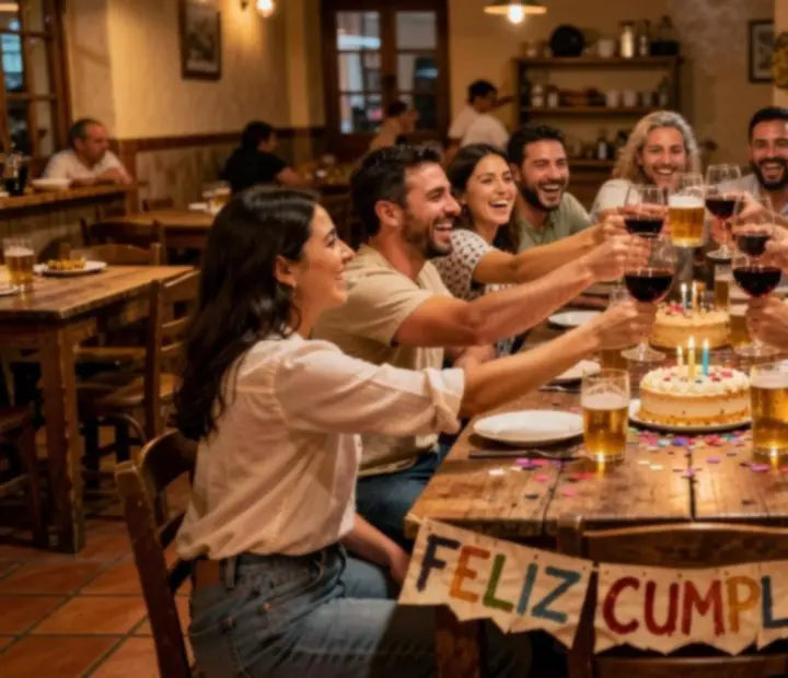 Cumpleaños grupal celebrando alrededor de la mesa en Parrilla y Poker