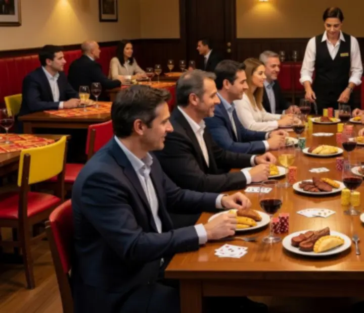 Grupo corporativo compartiendo una noche de parrilla y póker offline en Buenos Aires
