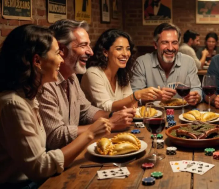 Grupo de amigos jugando al póker social mientras cenan en Buenos Aires