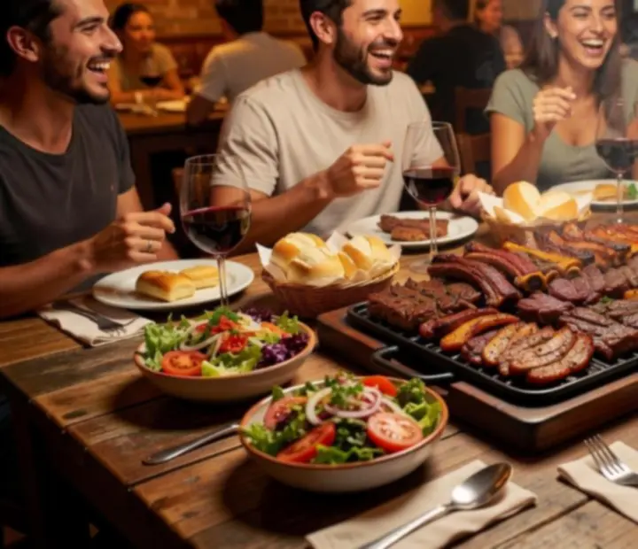 Mesa grande con platos de parrilla y vinos argentinos para compartir en grupo