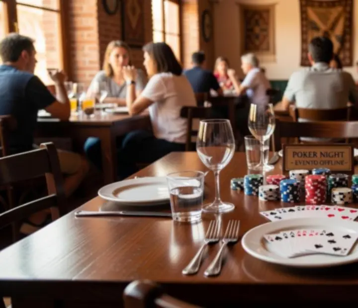 Mesa de póker integrada en el salón del restaurante con fichas y cartas sobre el mantel.