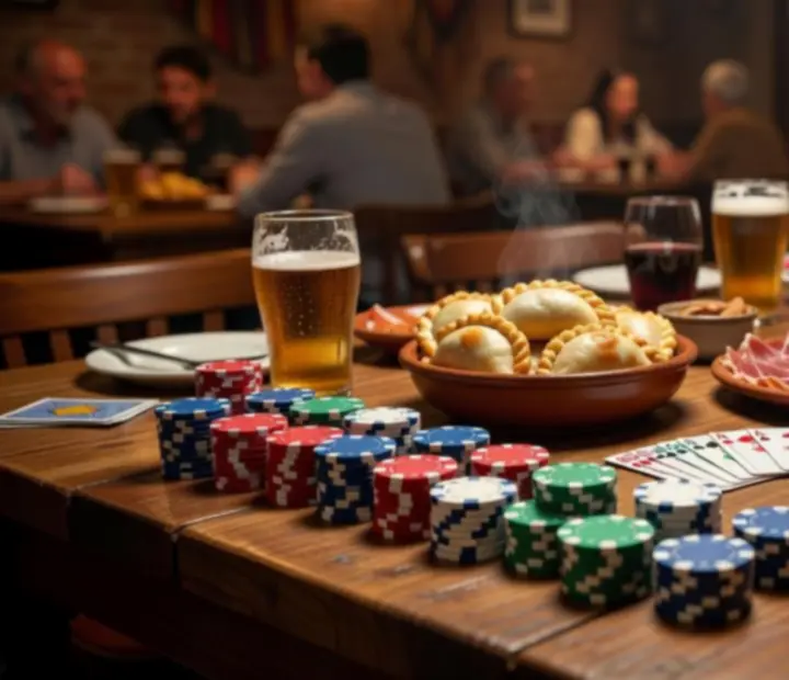 Mesa temática de póker con decoración cálida en un restaurante de Buenos Aires