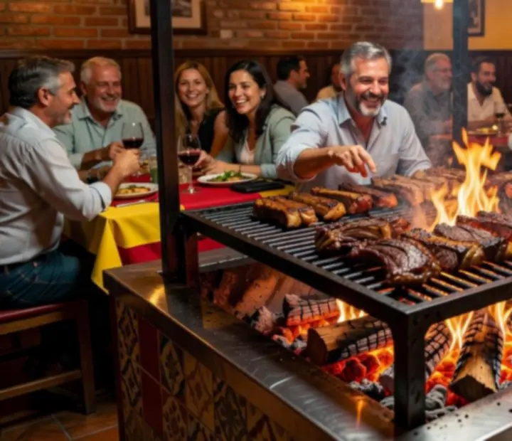Parrilla a la vista con brasas encendidas en el restaurante Parrilla y Poker.