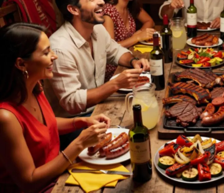 Mesa servida con parrilla argentina y bebidas en Parrilla y Poker