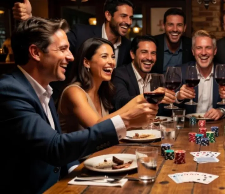 Equipo de empresa brindando durante un evento corporativo en Parrilla y Poker
