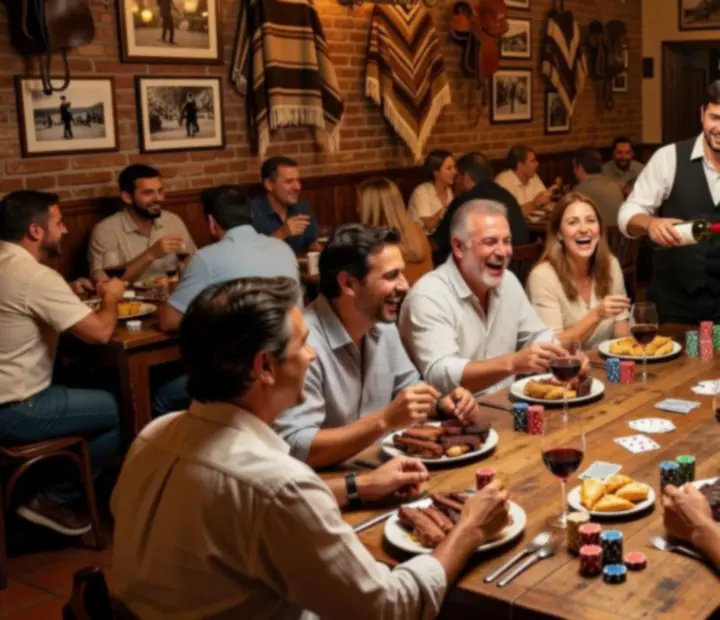 Velada en Parrilla y Poker con comensales disfrutando de la parrilla y una mesa de póker offline