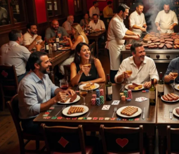 Mesa de parrilla y póker social en una velada temática de Parrilla y Poker