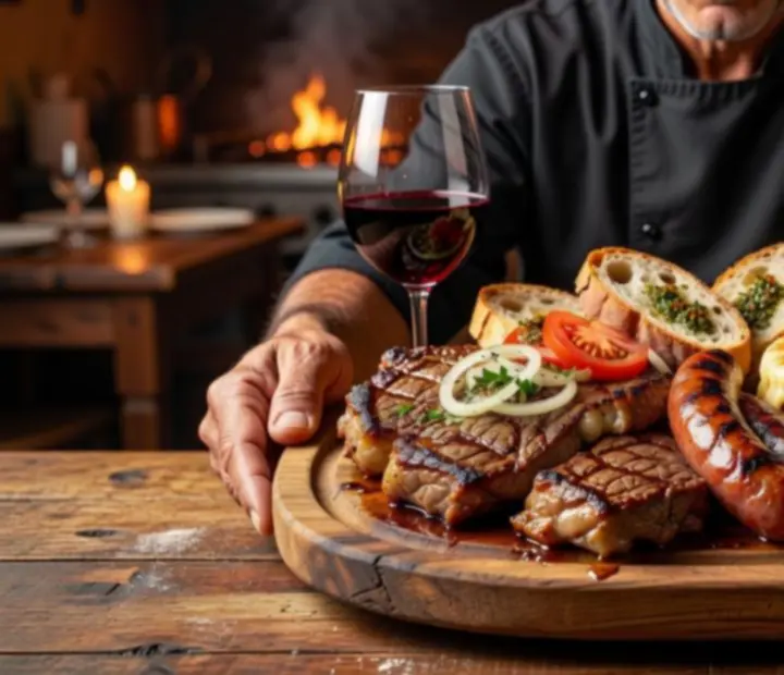 Cortes de carne a la parrilla servidos en tabla de madera.