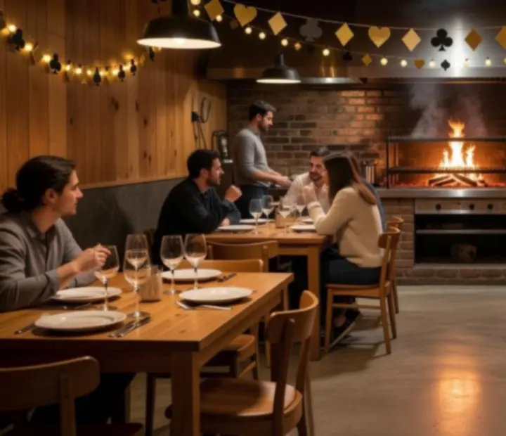 Salón de restaurante argentino con parrilla y decoración cálida.