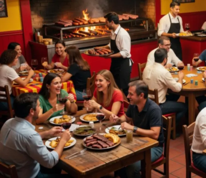 Mesa de parrilla argentina servida junto a fichas de póker en un ambiente cálido.