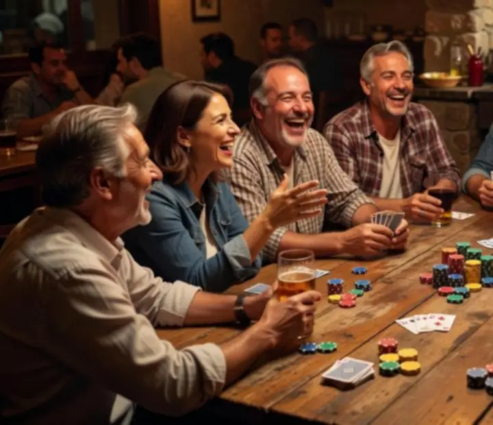 Personas jugando póker en mesas con fichas en un restaurante argentino.